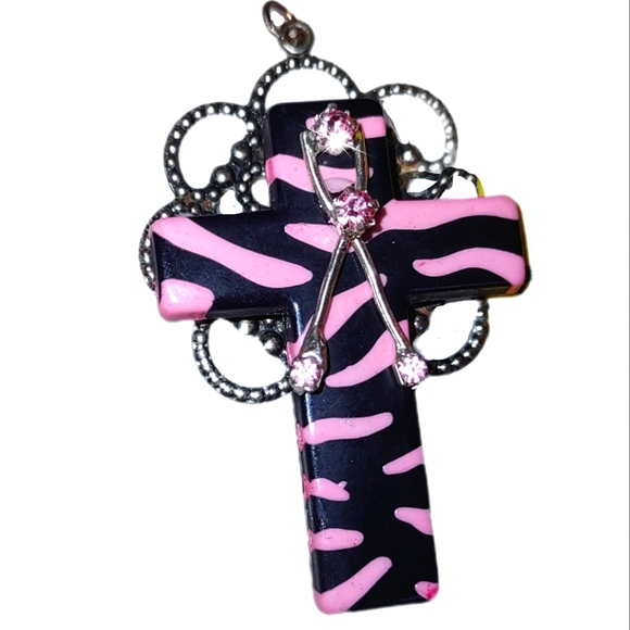 Pink Zebra Pattern Cross + Pink Crystal Ribbon - Picture 6 of 12
